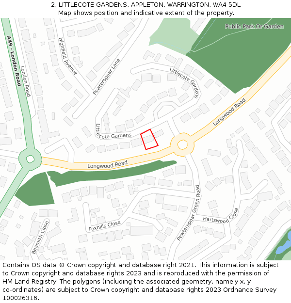 2, LITTLECOTE GARDENS, APPLETON, WARRINGTON, WA4 5DL: Location map and indicative extent of plot