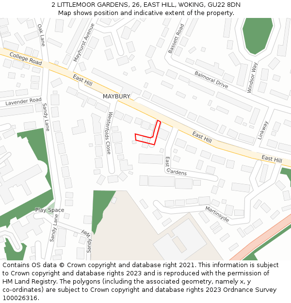 2 LITTLEMOOR GARDENS, 26, EAST HILL, WOKING, GU22 8DN: Location map and indicative extent of plot