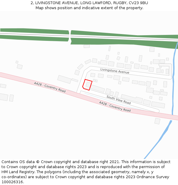 2, LIVINGSTONE AVENUE, LONG LAWFORD, RUGBY, CV23 9BU: Location map and indicative extent of plot