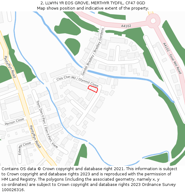 2, LLWYN YR EOS GROVE, MERTHYR TYDFIL, CF47 0GD: Location map and indicative extent of plot