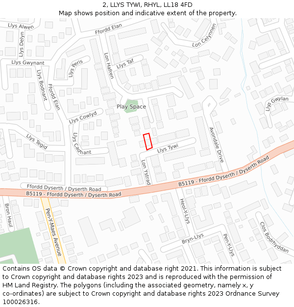 2, LLYS TYWI, RHYL, LL18 4FD: Location map and indicative extent of plot