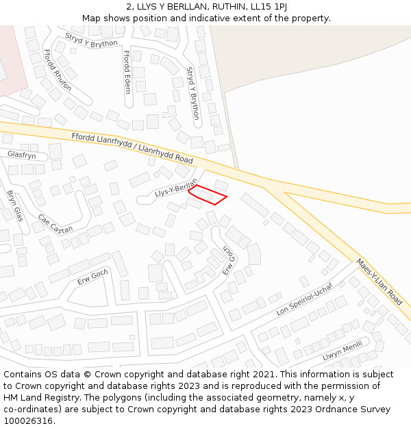 2, LLYS Y BERLLAN, RUTHIN, LL15 1PJ: Location map and indicative extent of plot