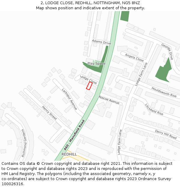 2, LODGE CLOSE, REDHILL, NOTTINGHAM, NG5 8NZ: Location map and indicative extent of plot