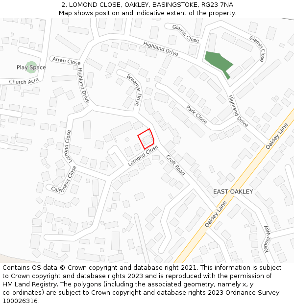 2, LOMOND CLOSE, OAKLEY, BASINGSTOKE, RG23 7NA: Location map and indicative extent of plot