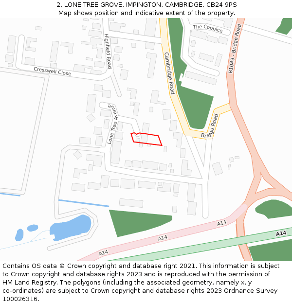 2, LONE TREE GROVE, IMPINGTON, CAMBRIDGE, CB24 9PS: Location map and indicative extent of plot