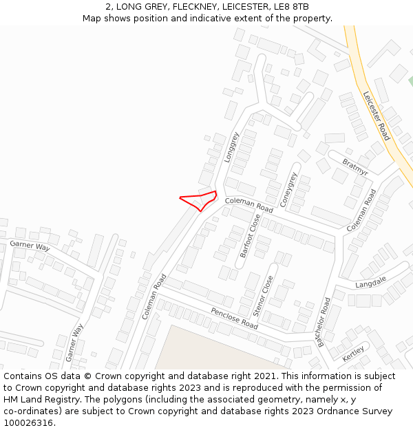 2, LONG GREY, FLECKNEY, LEICESTER, LE8 8TB: Location map and indicative extent of plot