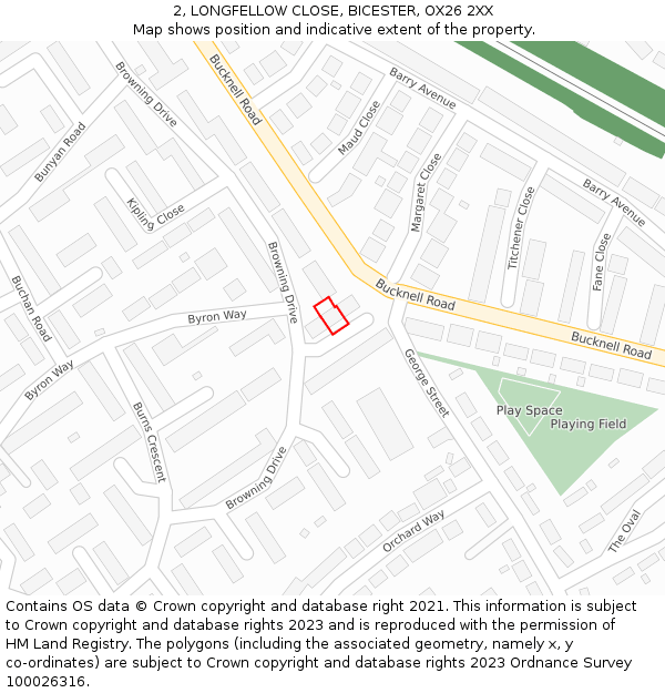 2, LONGFELLOW CLOSE, BICESTER, OX26 2XX: Location map and indicative extent of plot