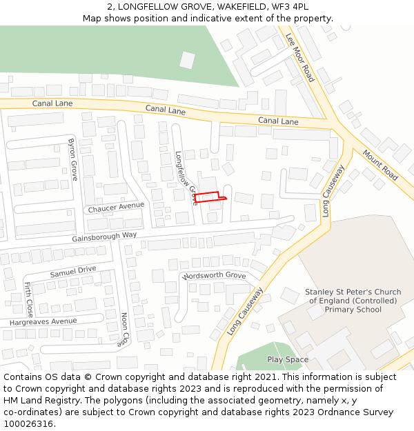 2, LONGFELLOW GROVE, WAKEFIELD, WF3 4PL: Location map and indicative extent of plot