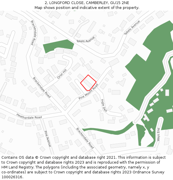 2, LONGFORD CLOSE, CAMBERLEY, GU15 2NE: Location map and indicative extent of plot