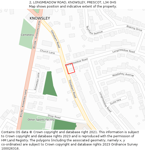 2, LONGMEADOW ROAD, KNOWSLEY, PRESCOT, L34 0HS: Location map and indicative extent of plot