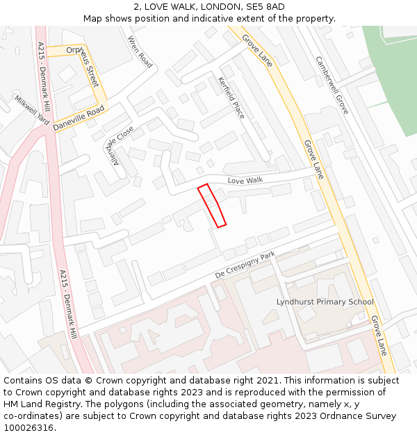 2, LOVE WALK, LONDON, SE5 8AD: Location map and indicative extent of plot