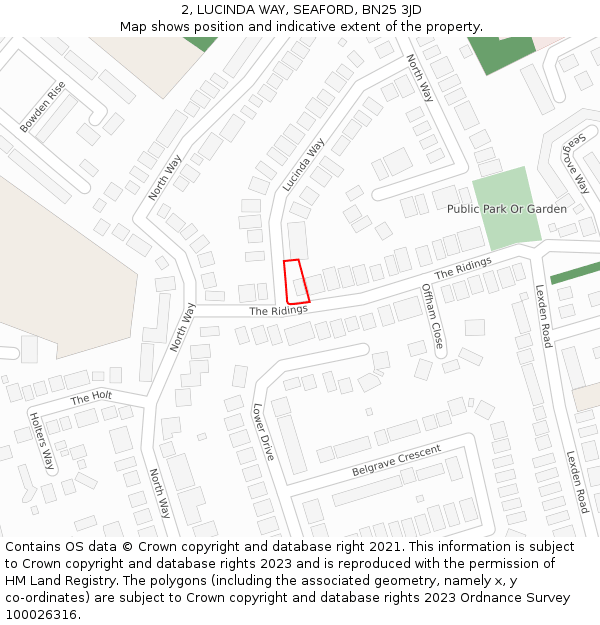 2, LUCINDA WAY, SEAFORD, BN25 3JD: Location map and indicative extent of plot