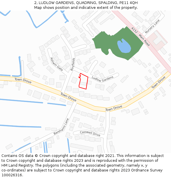2, LUDLOW GARDENS, QUADRING, SPALDING, PE11 4QH: Location map and indicative extent of plot