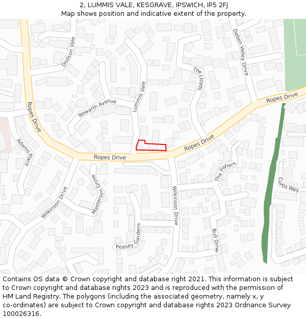 2, LUMMIS VALE, KESGRAVE, IPSWICH, IP5 2FJ: Location map and indicative extent of plot