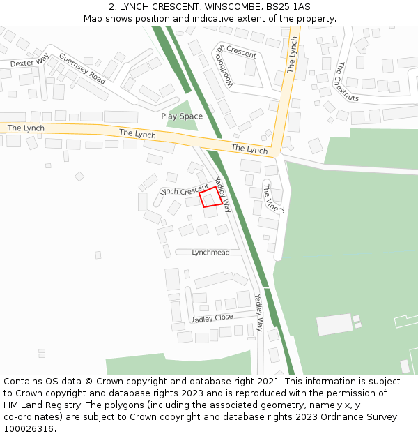 2, LYNCH CRESCENT, WINSCOMBE, BS25 1AS: Location map and indicative extent of plot
