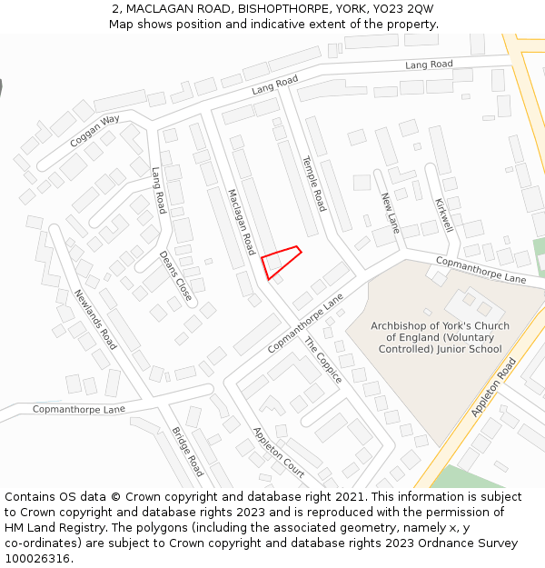 2, MACLAGAN ROAD, BISHOPTHORPE, YORK, YO23 2QW: Location map and indicative extent of plot