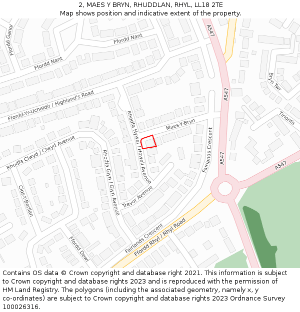 2, MAES Y BRYN, RHUDDLAN, RHYL, LL18 2TE: Location map and indicative extent of plot