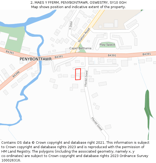 2, MAES Y FFERM, PENYBONTFAWR, OSWESTRY, SY10 0GH: Location map and indicative extent of plot