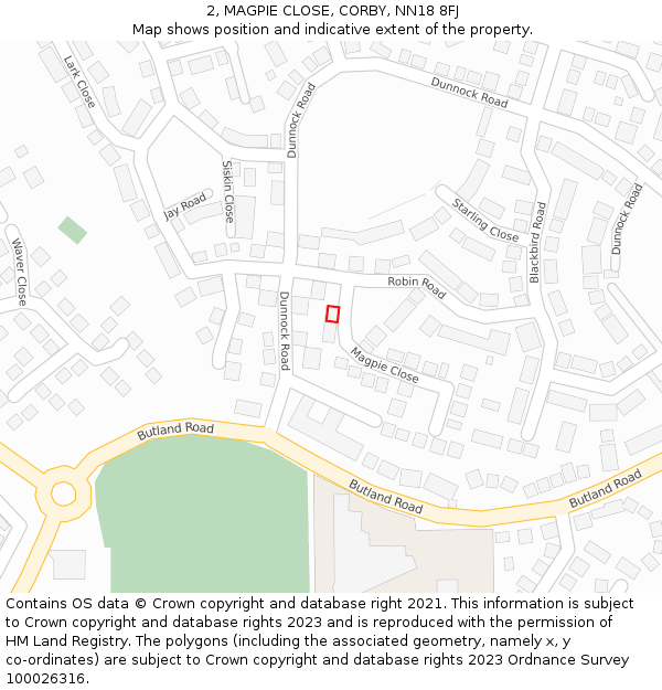 2, MAGPIE CLOSE, CORBY, NN18 8FJ: Location map and indicative extent of plot