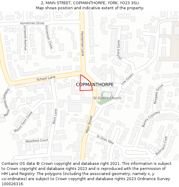 2, MAIN STREET, COPMANTHORPE, YORK, YO23 3SU: Location map and indicative extent of plot