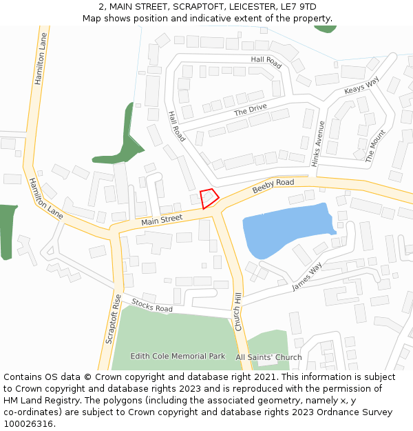 2, MAIN STREET, SCRAPTOFT, LEICESTER, LE7 9TD: Location map and indicative extent of plot