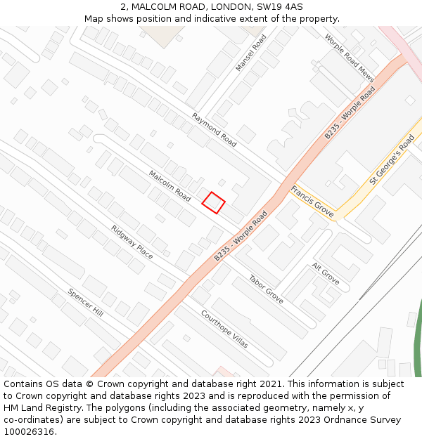 2, MALCOLM ROAD, LONDON, SW19 4AS: Location map and indicative extent of plot