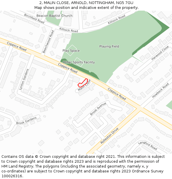 2, MALIN CLOSE, ARNOLD, NOTTINGHAM, NG5 7GU: Location map and indicative extent of plot