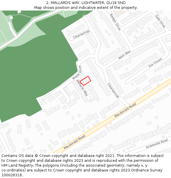 2, MALLARDS WAY, LIGHTWATER, GU18 5ND: Location map and indicative extent of plot