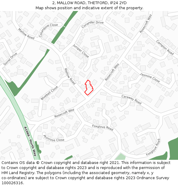 2, MALLOW ROAD, THETFORD, IP24 2YD: Location map and indicative extent of plot