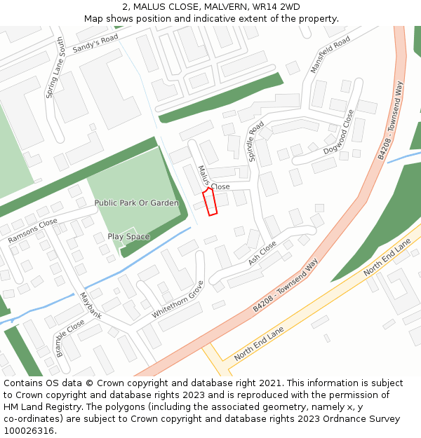 2, MALUS CLOSE, MALVERN, WR14 2WD: Location map and indicative extent of plot