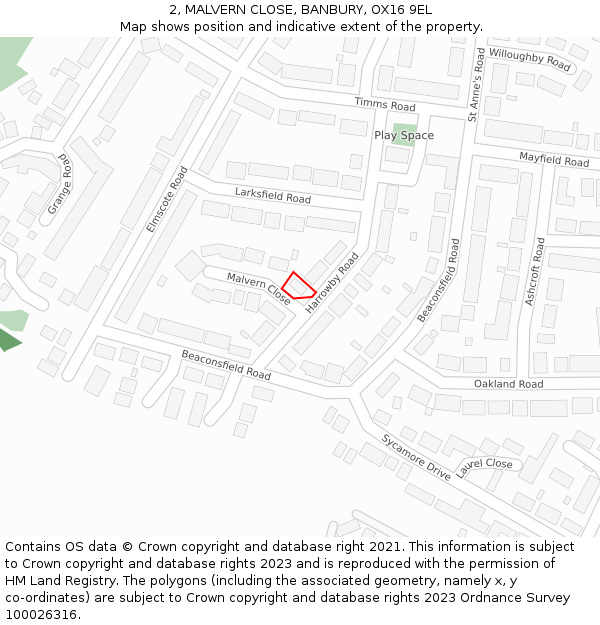 2, MALVERN CLOSE, BANBURY, OX16 9EL: Location map and indicative extent of plot