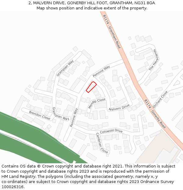 2, MALVERN DRIVE, GONERBY HILL FOOT, GRANTHAM, NG31 8GA: Location map and indicative extent of plot