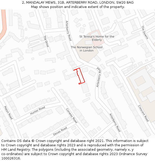 2, MANDALAY MEWS, 31B, ARTERBERRY ROAD, LONDON, SW20 8AG: Location map and indicative extent of plot