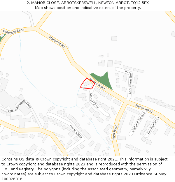 2, MANOR CLOSE, ABBOTSKERSWELL, NEWTON ABBOT, TQ12 5PX: Location map and indicative extent of plot