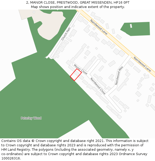 2, MANOR CLOSE, PRESTWOOD, GREAT MISSENDEN, HP16 0PT: Location map and indicative extent of plot