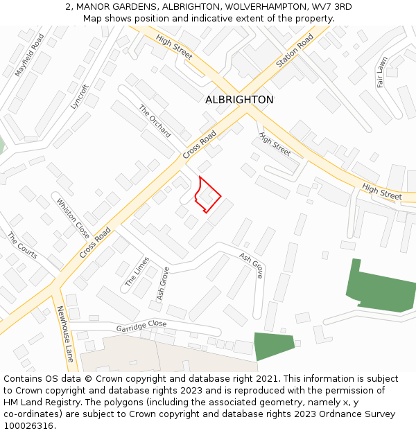 2, MANOR GARDENS, ALBRIGHTON, WOLVERHAMPTON, WV7 3RD: Location map and indicative extent of plot