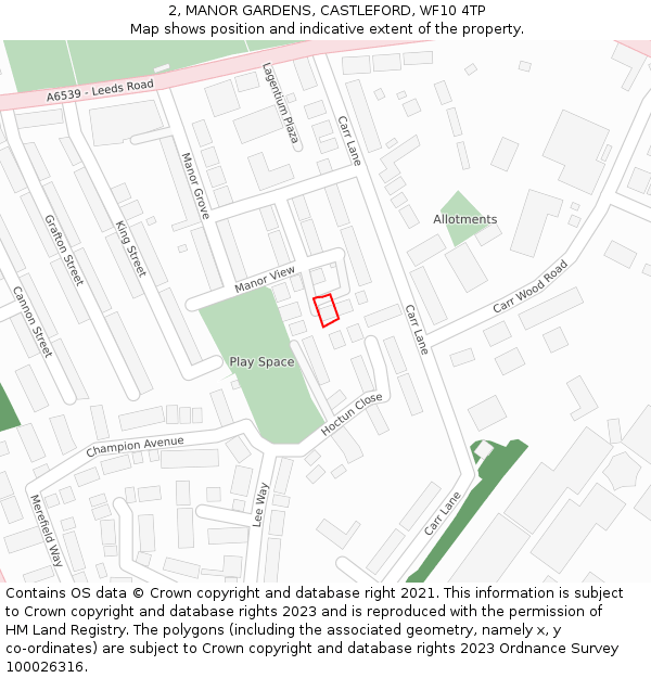 2, MANOR GARDENS, CASTLEFORD, WF10 4TP: Location map and indicative extent of plot