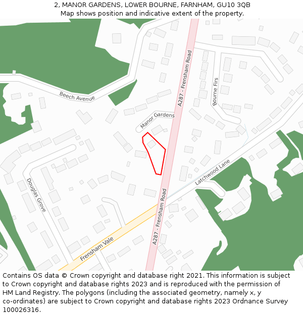 2, MANOR GARDENS, LOWER BOURNE, FARNHAM, GU10 3QB: Location map and indicative extent of plot