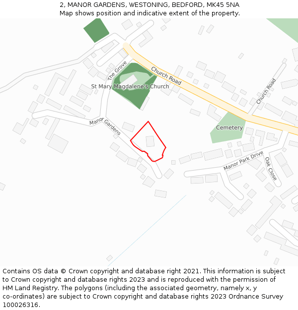 2, MANOR GARDENS, WESTONING, BEDFORD, MK45 5NA: Location map and indicative extent of plot