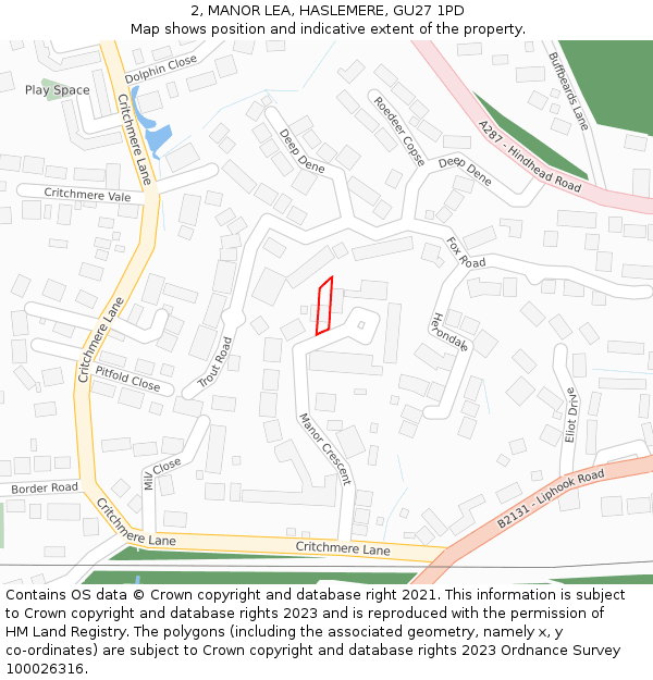 2, MANOR LEA, HASLEMERE, GU27 1PD: Location map and indicative extent of plot