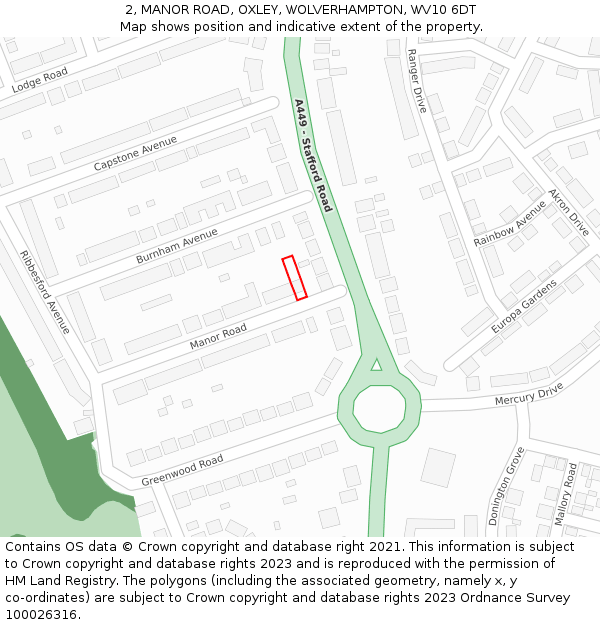 2, MANOR ROAD, OXLEY, WOLVERHAMPTON, WV10 6DT: Location map and indicative extent of plot