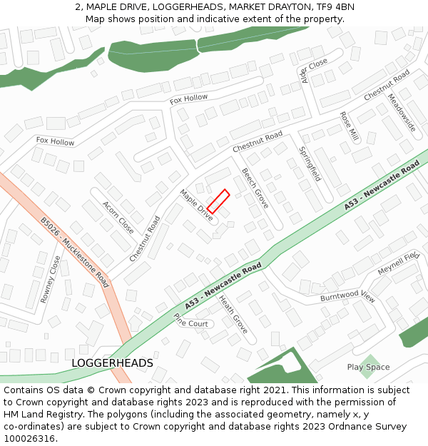 2, MAPLE DRIVE, LOGGERHEADS, MARKET DRAYTON, TF9 4BN: Location map and indicative extent of plot