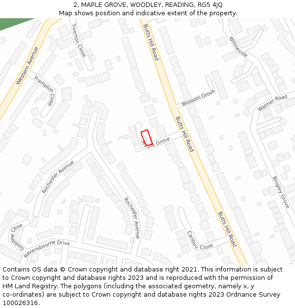 2, MAPLE GROVE, WOODLEY, READING, RG5 4JQ: Location map and indicative extent of plot