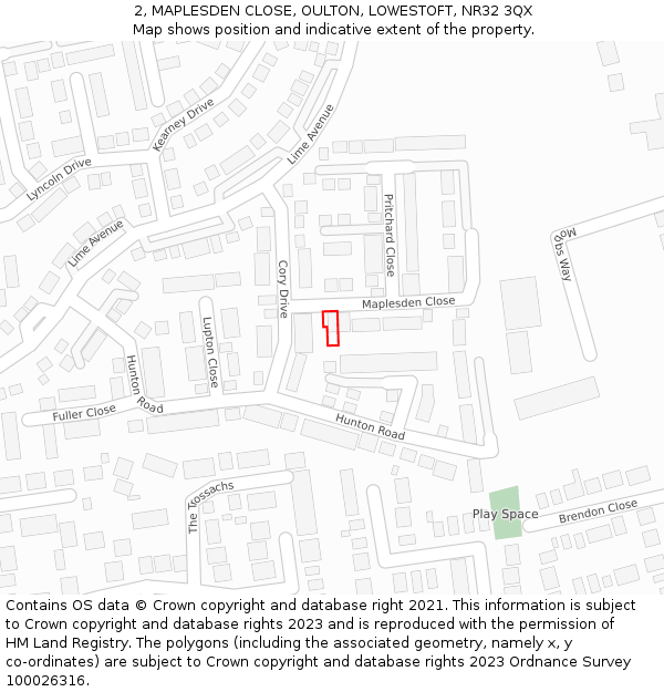 2, MAPLESDEN CLOSE, OULTON, LOWESTOFT, NR32 3QX: Location map and indicative extent of plot