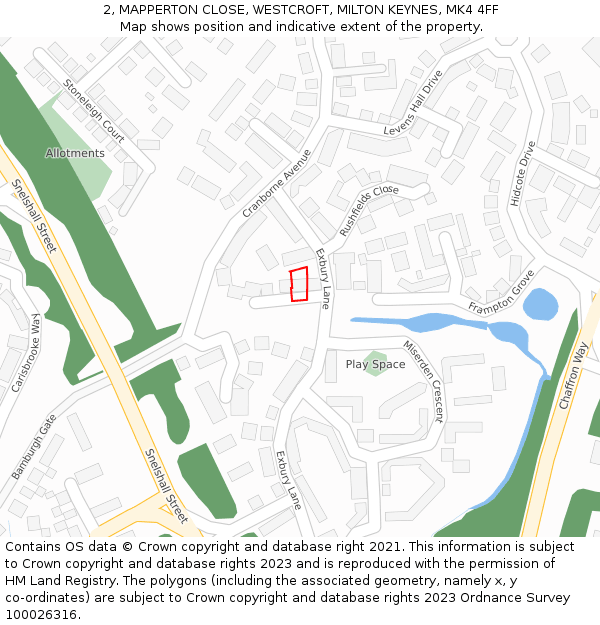 2, MAPPERTON CLOSE, WESTCROFT, MILTON KEYNES, MK4 4FF: Location map and indicative extent of plot