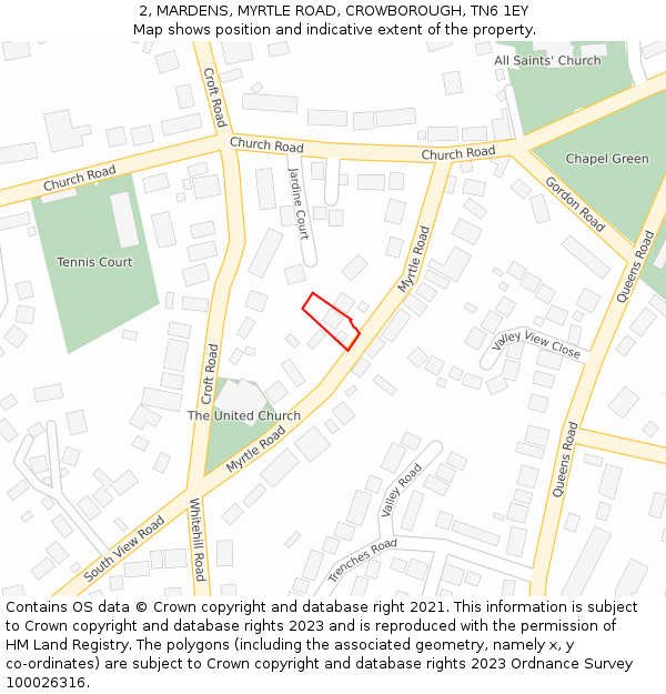 2, MARDENS, MYRTLE ROAD, CROWBOROUGH, TN6 1EY: Location map and indicative extent of plot