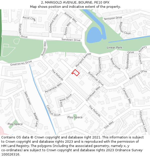 2, MARIGOLD AVENUE, BOURNE, PE10 0PX: Location map and indicative extent of plot