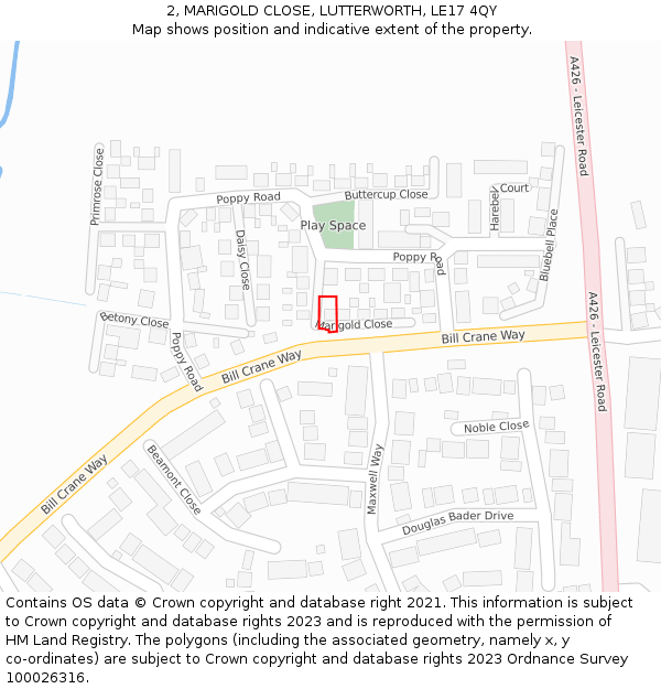 2, MARIGOLD CLOSE, LUTTERWORTH, LE17 4QY: Location map and indicative extent of plot