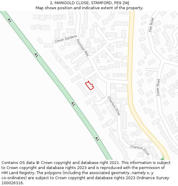 2, MARIGOLD CLOSE, STAMFORD, PE9 2WJ: Location map and indicative extent of plot