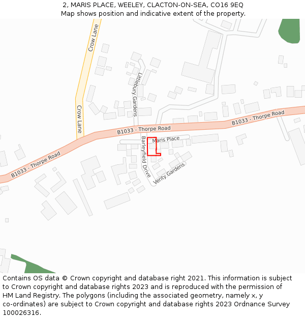 2, MARIS PLACE, WEELEY, CLACTON-ON-SEA, CO16 9EQ: Location map and indicative extent of plot